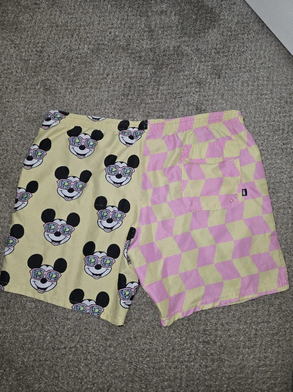 Neff × Disney Yellow & Pink Checkered Mickey Print Swim Shorts Size XL